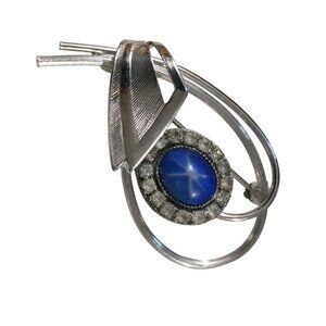 Vintage 14K GF Brooch Blue Star Sapphire Stone Intricate Silver Tone Mid Century